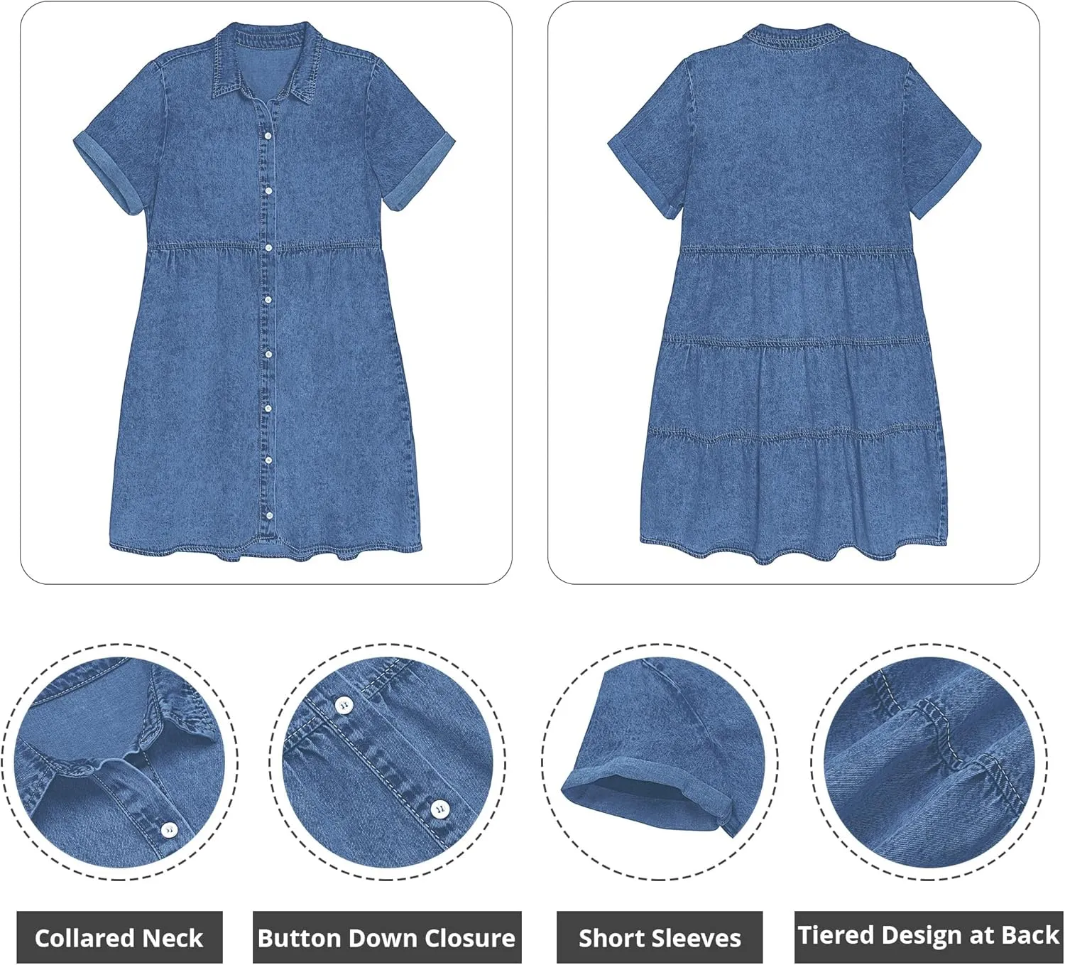 GRAPENT Denim Dress for Women Babydoll Tiered Short Sleeve Button Down Jean Shirt Dresses