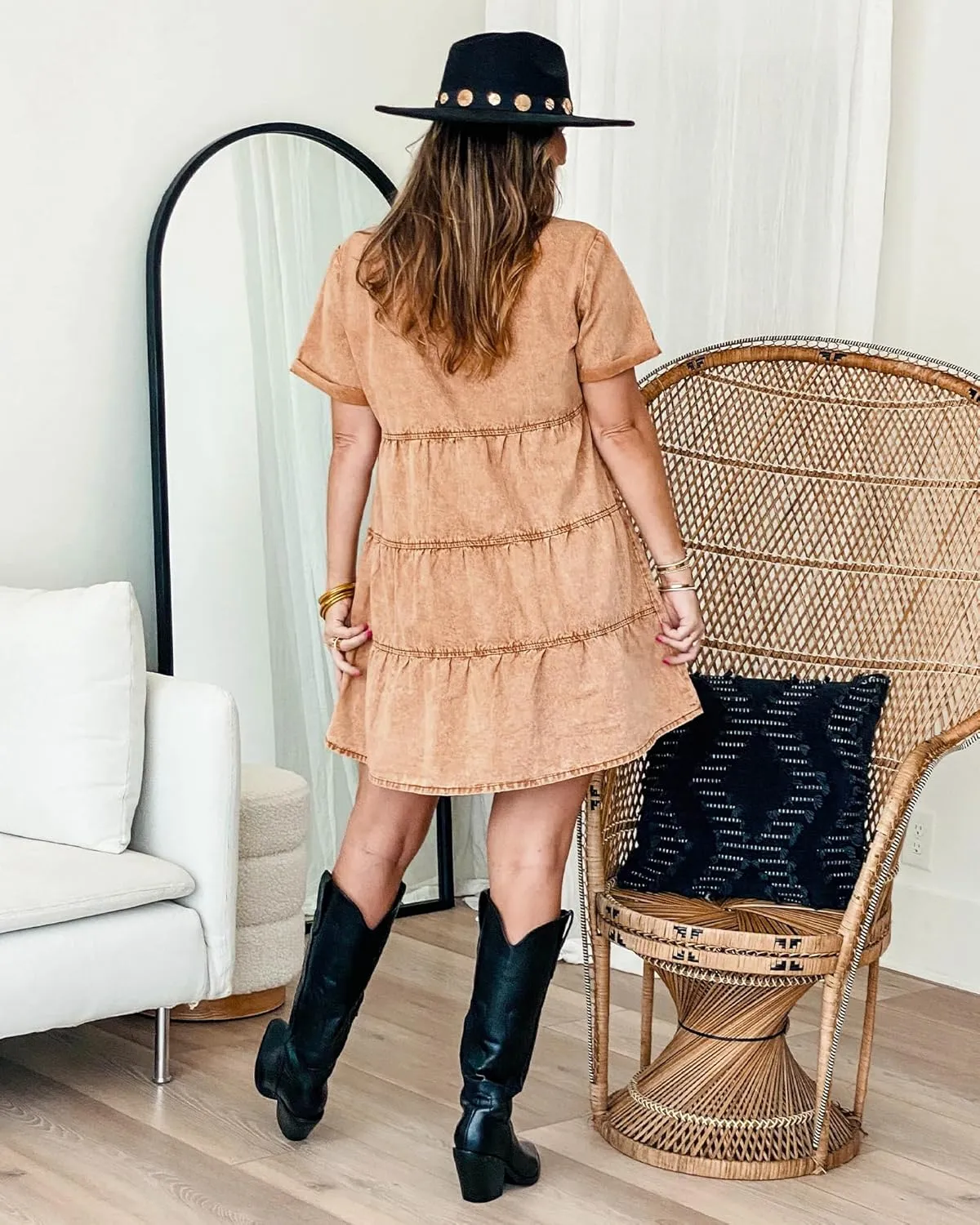 GRAPENT Denim Dress for Women Babydoll Tiered Short Sleeve Button Down Jean Shirt Dresses