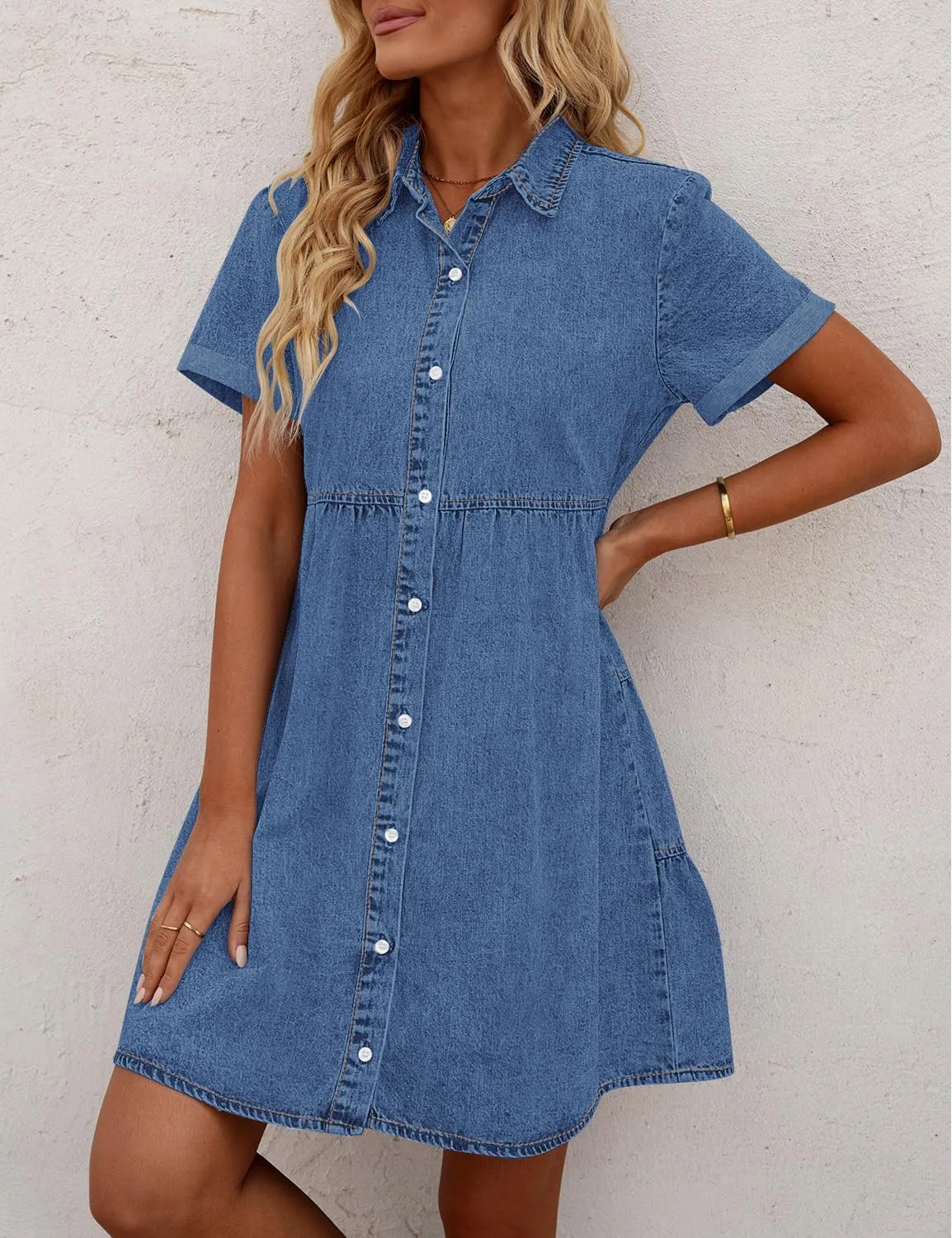 GRAPENT Denim Dress for Women Babydoll Tiered Short Sleeve Button Down Jean Shirt Dresses