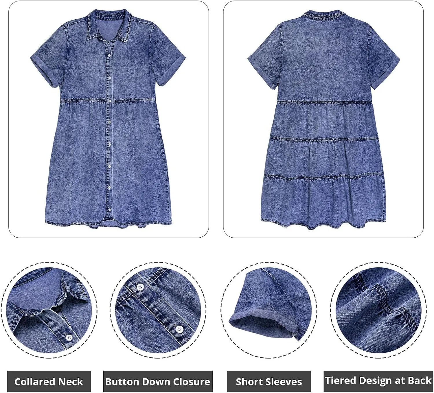 GRAPENT Denim Dress for Women Babydoll Tiered Short Sleeve Button Down Jean Shirt Dresses