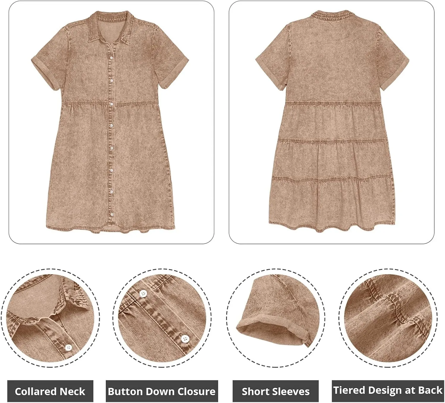 GRAPENT Denim Dress for Women Babydoll Tiered Short Sleeve Button Down Jean Shirt Dresses