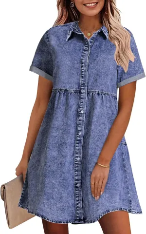 GRAPENT Denim Dress for Women Babydoll Tiered Short Sleeve Button Down Jean Shirt Dresses