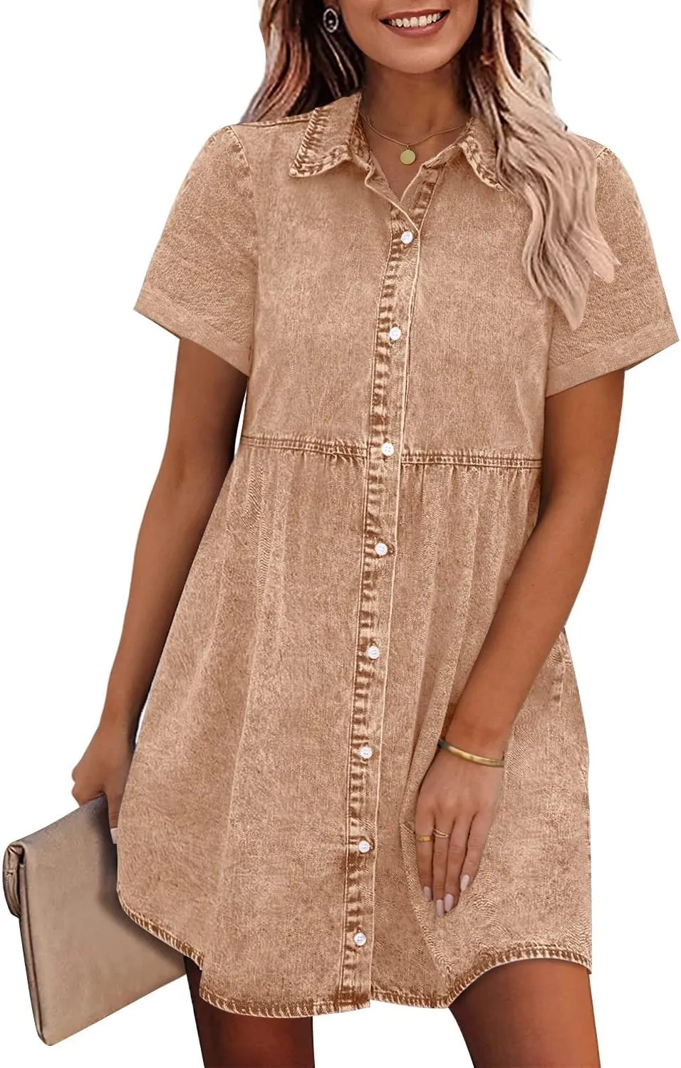 GRAPENT Denim Dress for Women Babydoll Tiered Short Sleeve Button Down Jean Shirt Dresses