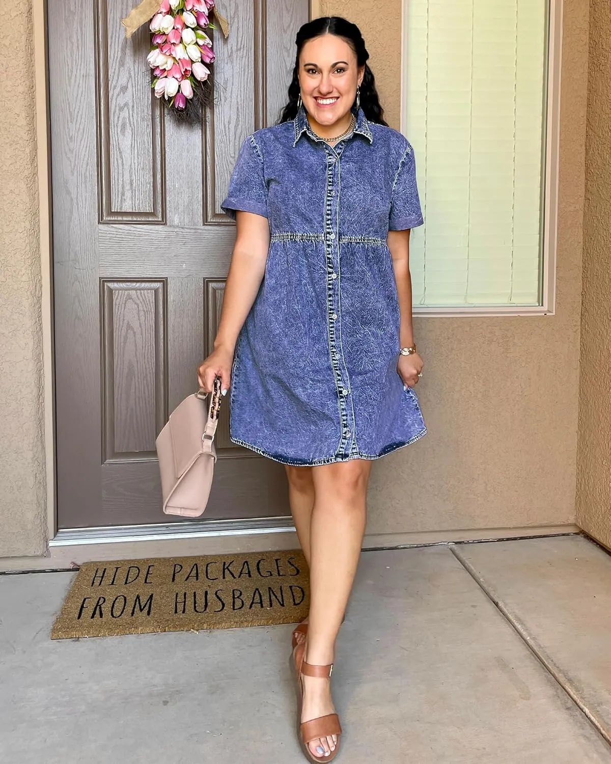 GRAPENT Denim Dress for Women Babydoll Tiered Short Sleeve Button Down Jean Shirt Dresses