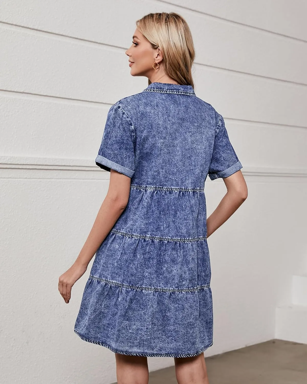 GRAPENT Denim Dress for Women Babydoll Tiered Short Sleeve Button Down Jean Shirt Dresses