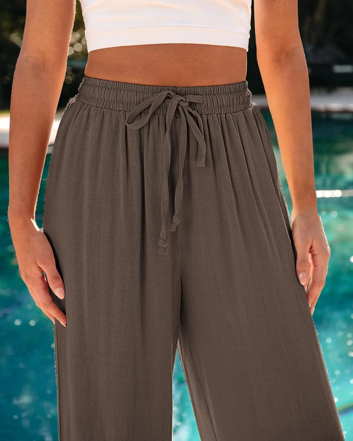GRAPENT Wide Leg Pants Woman Linen High Waisted Pull On Flowy Casual Baggy Drawstring Palazzo Trousers Pants Resort Wear