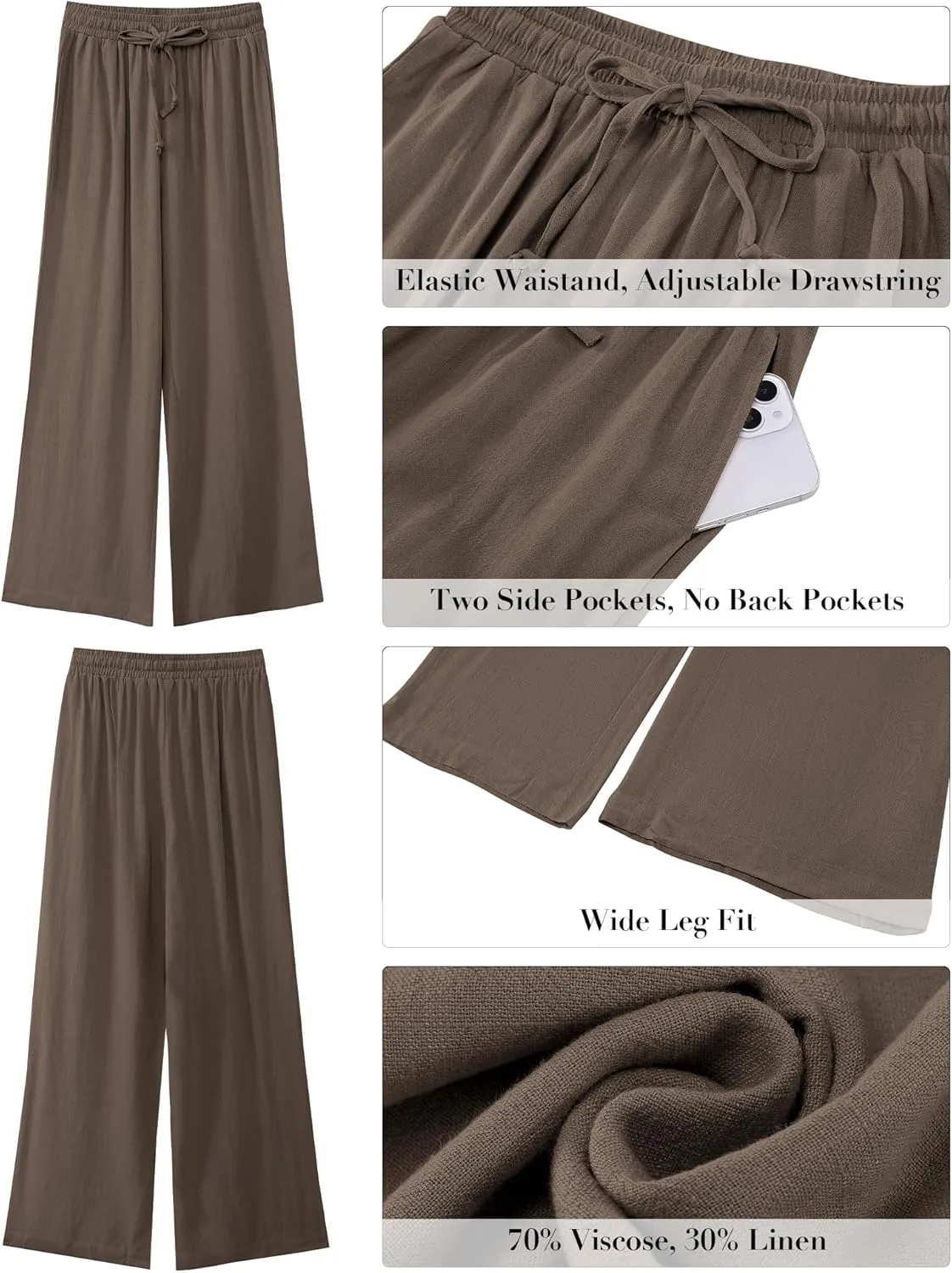 GRAPENT Wide Leg Pants Woman Linen High Waisted Pull On Flowy Casual Baggy Drawstring Palazzo Trousers Pants Resort Wear