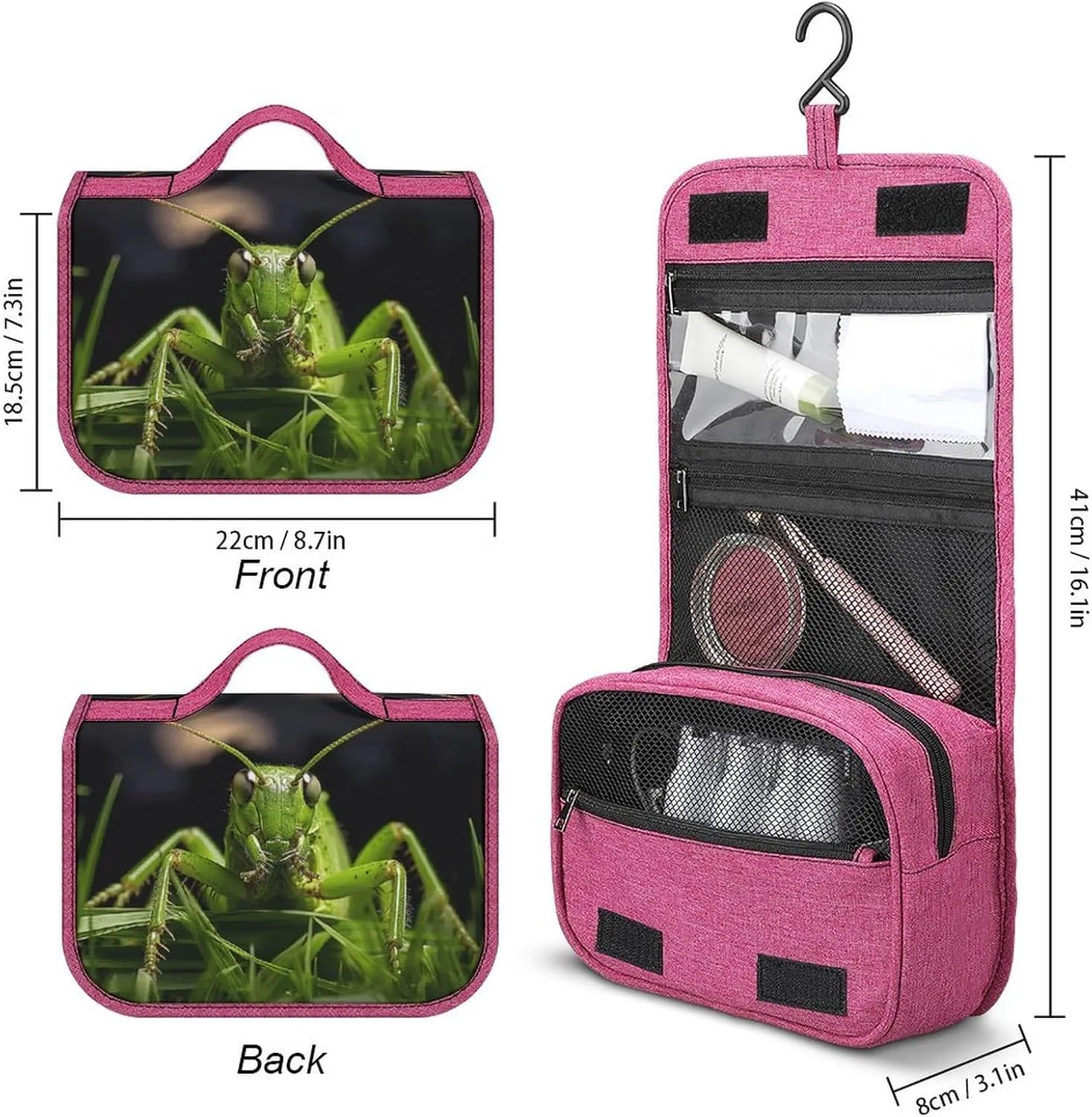 Grasshopper on Grass Travel Toiletry Bag for Women,Hanging Toiletry Organizer with Hook, Makeup Bag Travel Organizer for Shampoo,Toiletriesl