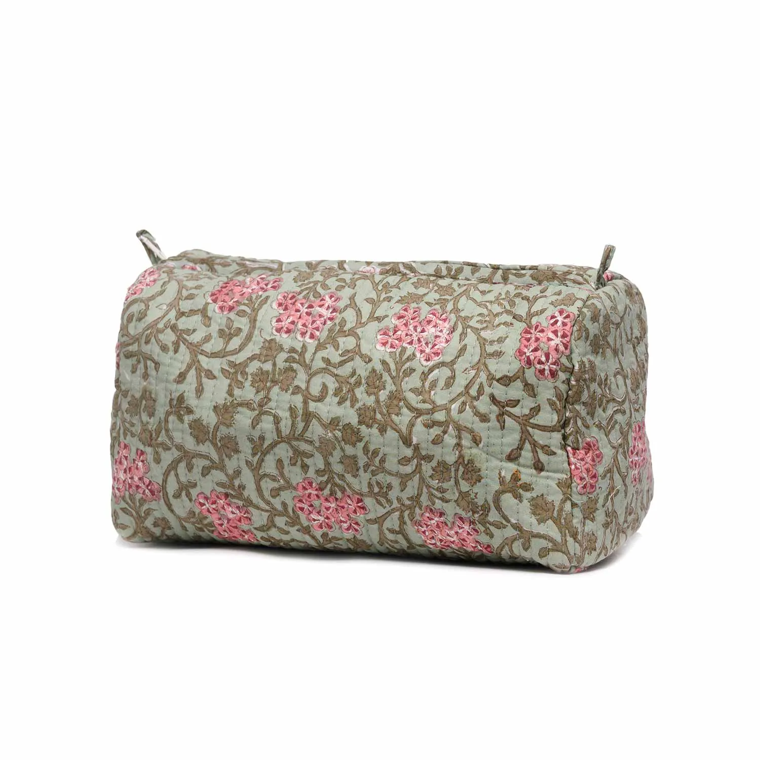 GREEN FLOWER BLOCK PRINTED QUILTED TOILETRY POUCH