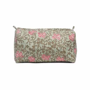 GREEN FLOWER BLOCK PRINTED QUILTED TOILETRY POUCH