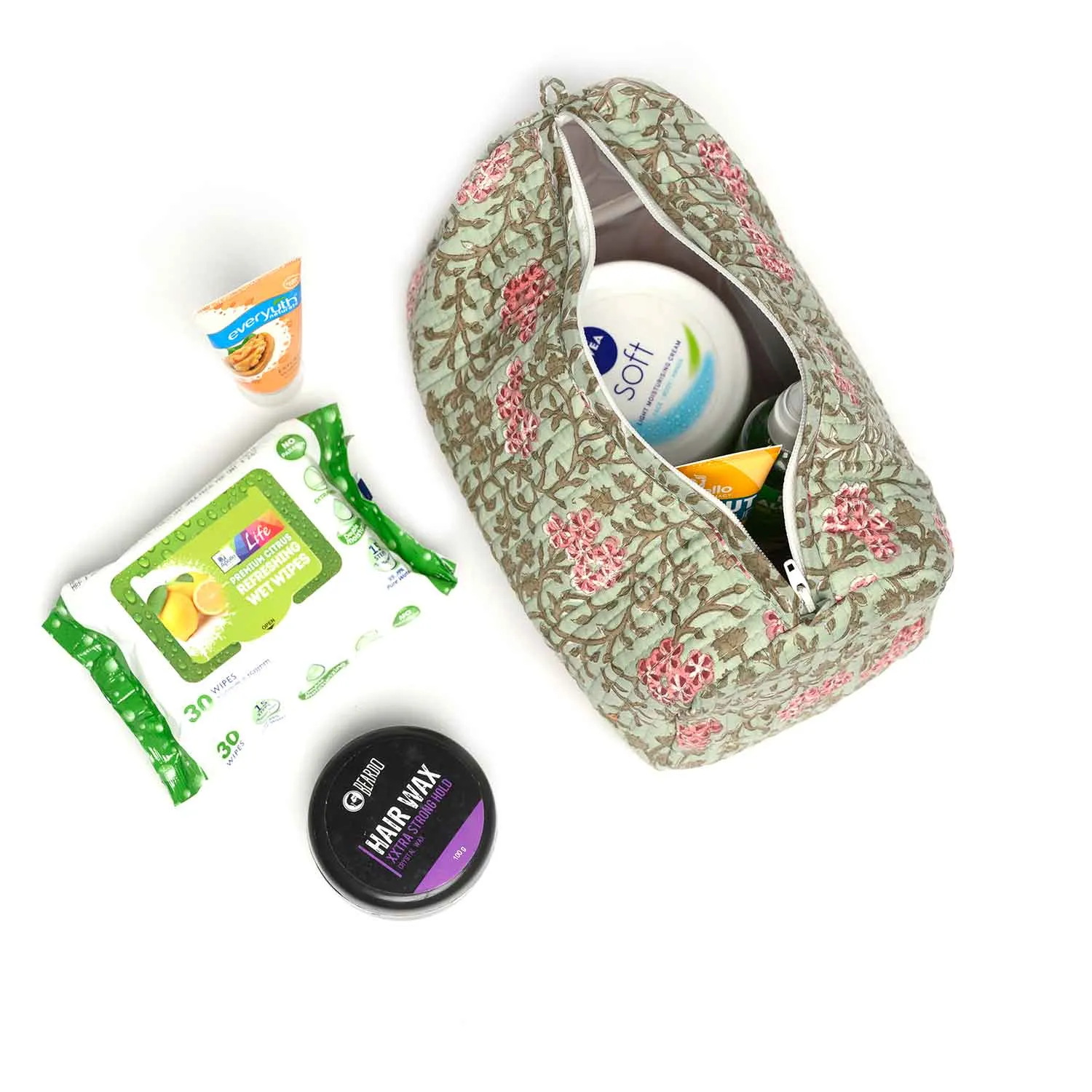 GREEN FLOWER BLOCK PRINTED QUILTED TOILETRY POUCH