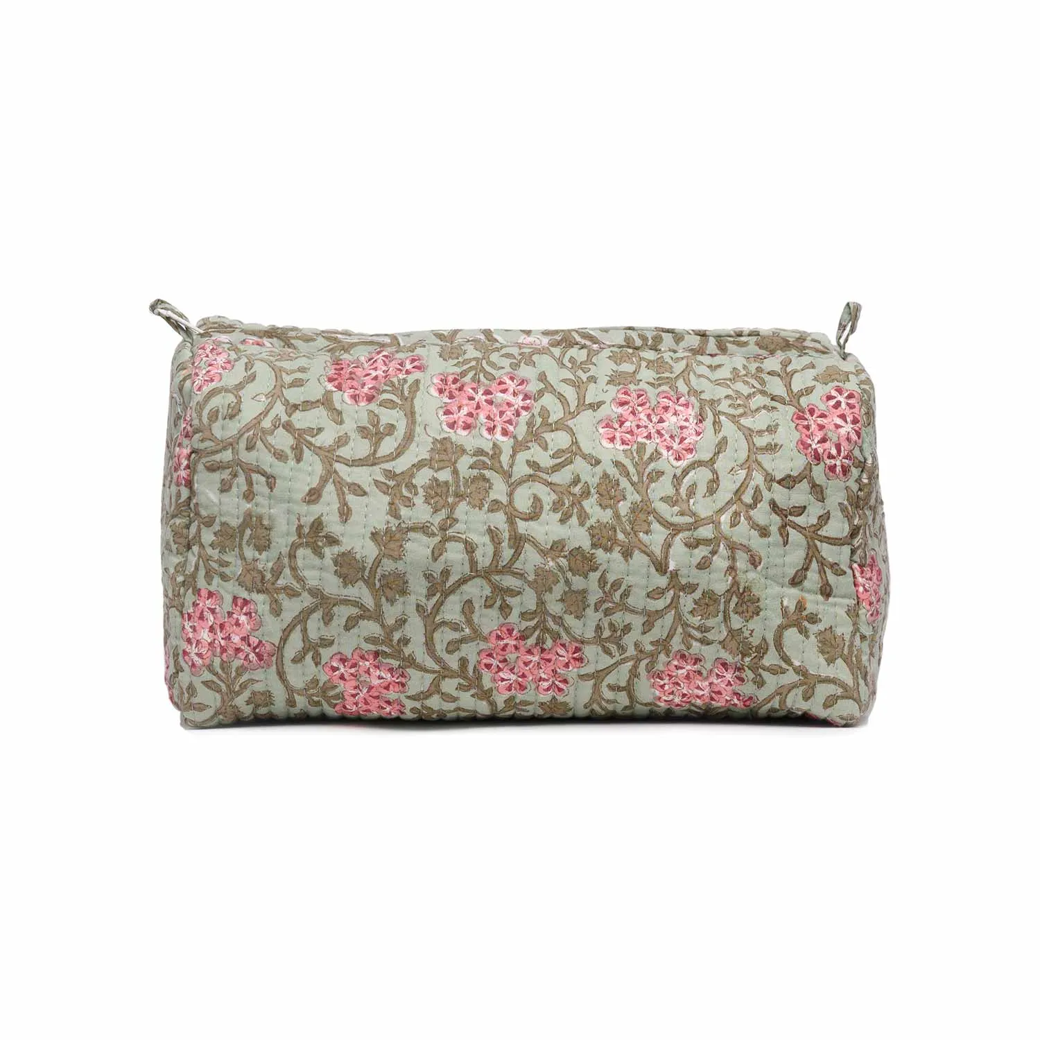 GREEN FLOWER BLOCK PRINTED QUILTED TOILETRY POUCH