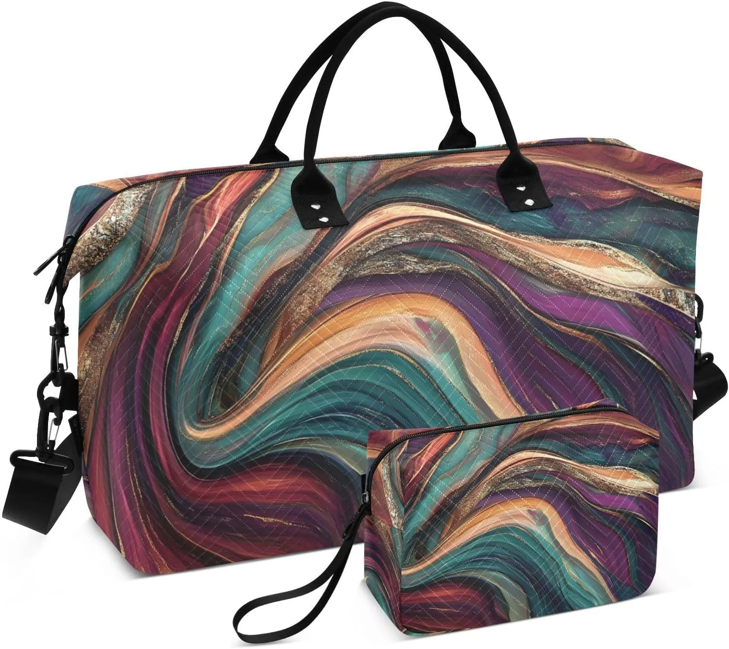 Green Gold Abstract Marble Duffel Bag for Traveling, Gym Bags with Multiple Interior Pockets for Women Men Toiletry Purse Included 20.5”x 1.9” x 13.8”
