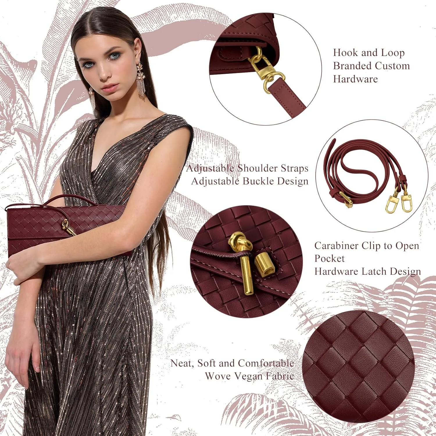 GRQ Woven Handmade Clutch Purse for Women, Elegant PU Leather Handbag, Removable Handle, Spacious for Evening & Formal Events