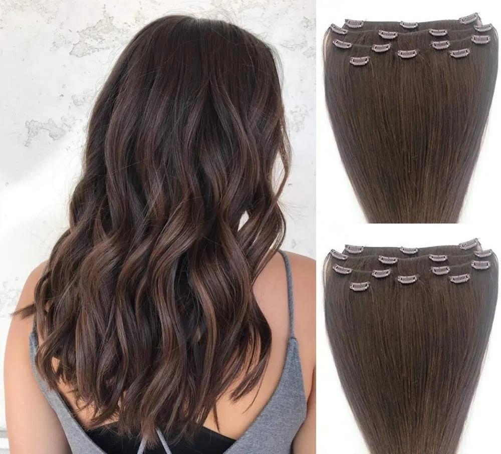 Hair Faux You 20" Clip in Hair Extensions Real Human Hair 90g Clip on for Full Head 7 pieces, 14 clips, Silky Straight Weft Remy Hair Color #3 Medium Dark Brown