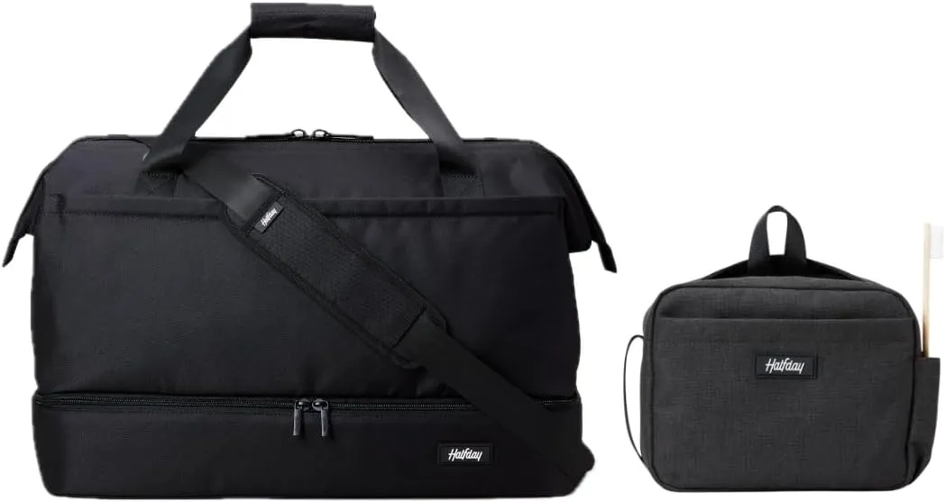 Halfday Double Decker Weekender Bag 40L Carry-On Duffel, Jet and Sidecar Toiletry Kit, Shadow
