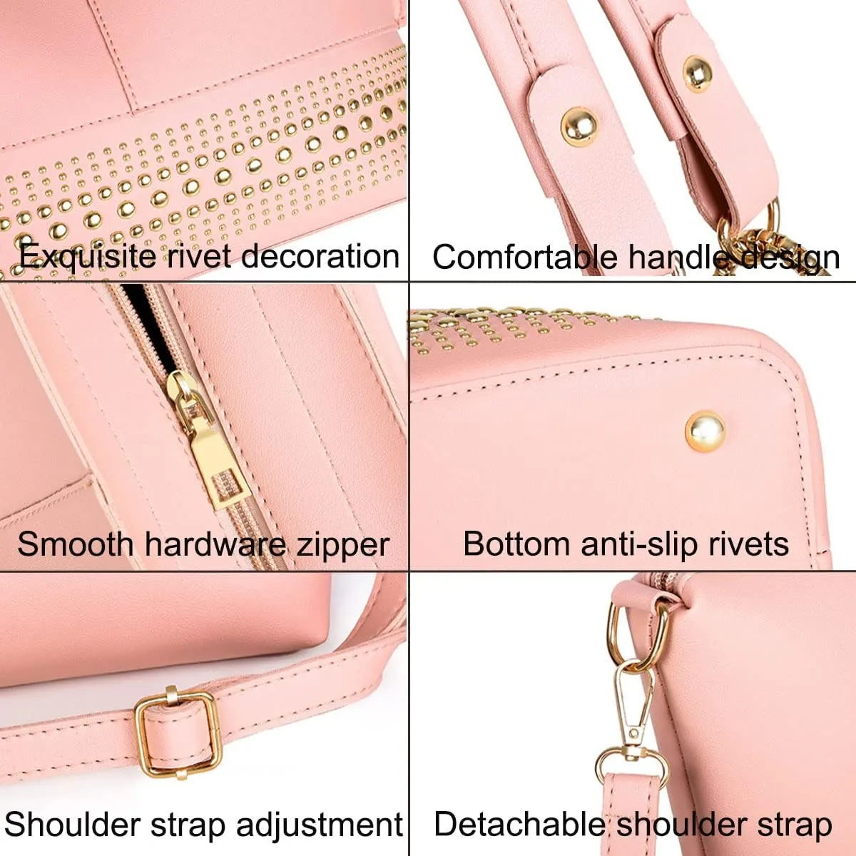 Handbags for Women Fashion Tote Bags Rivet Shoulder Bag Top Handle Satchel Purse Set 3pcs Grey