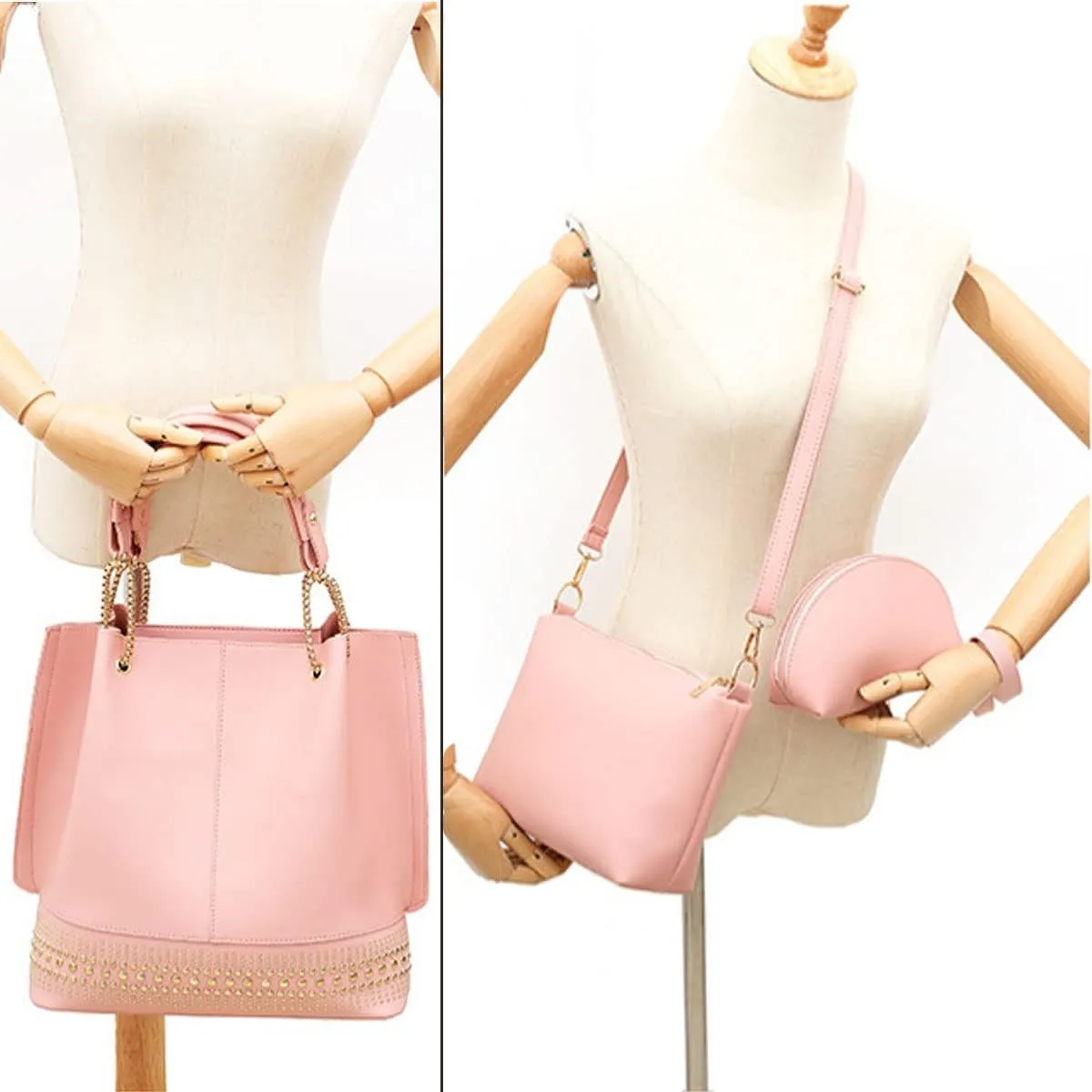 Handbags for Women Fashion Tote Bags Rivet Shoulder Bag Top Handle Satchel Purse Set 3pcs Grey