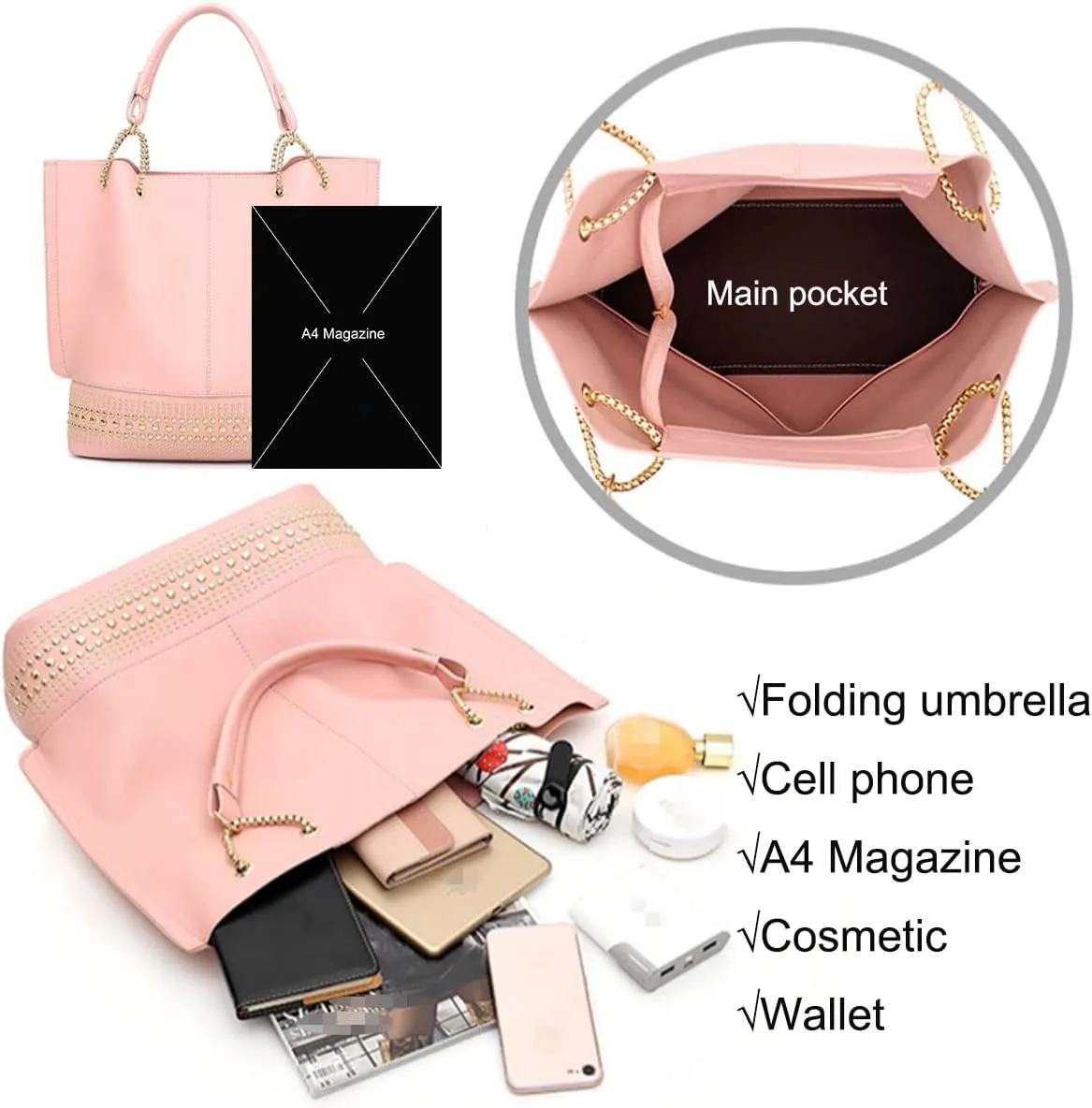 Handbags for Women Fashion Tote Bags Rivet Shoulder Bag Top Handle Satchel Purse Set 3pcs Grey