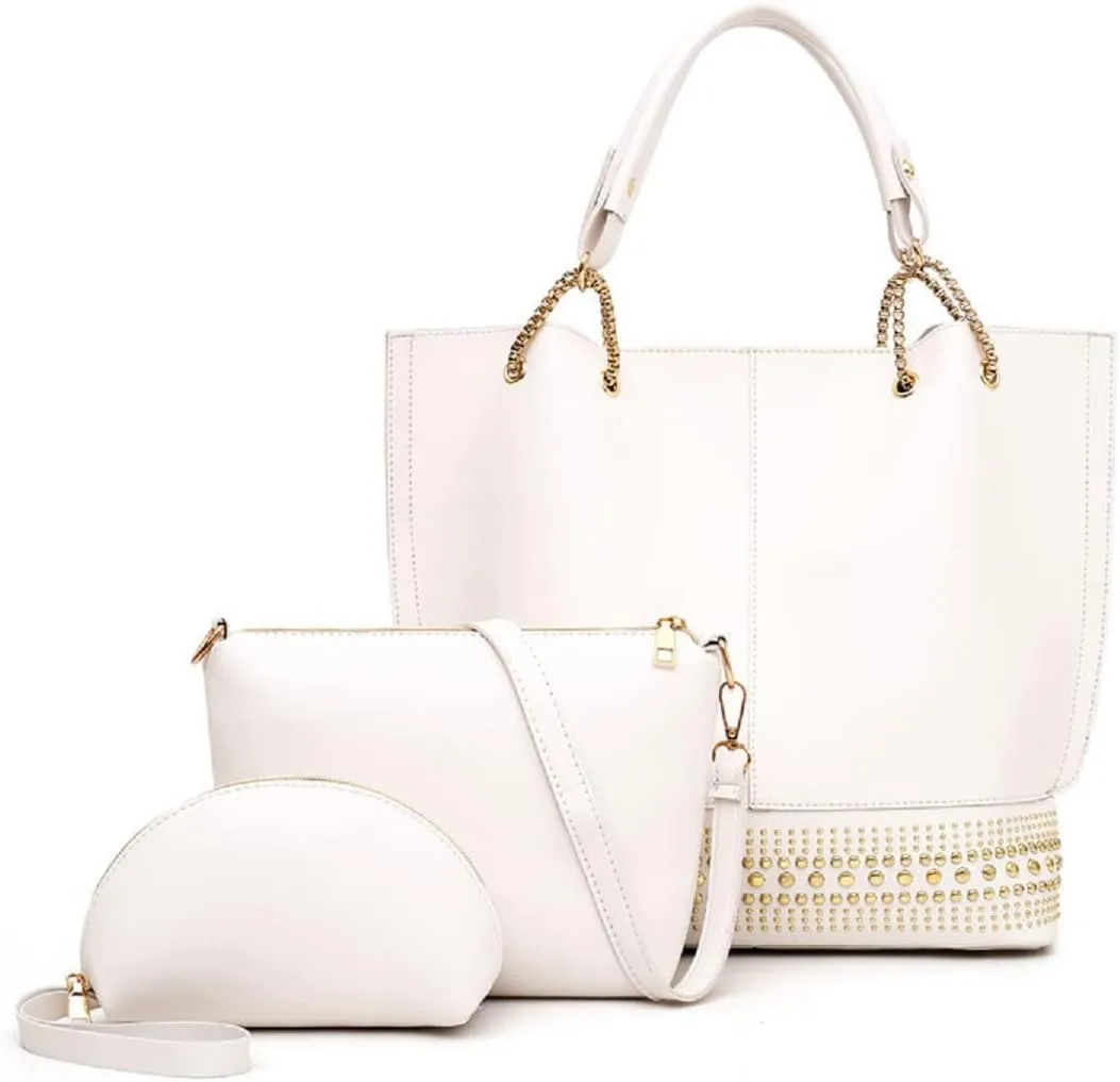 Handbags for Women Fashion Tote Bags Rivet Shoulder Bag Top Handle Satchel Purse Set 3pcs Grey