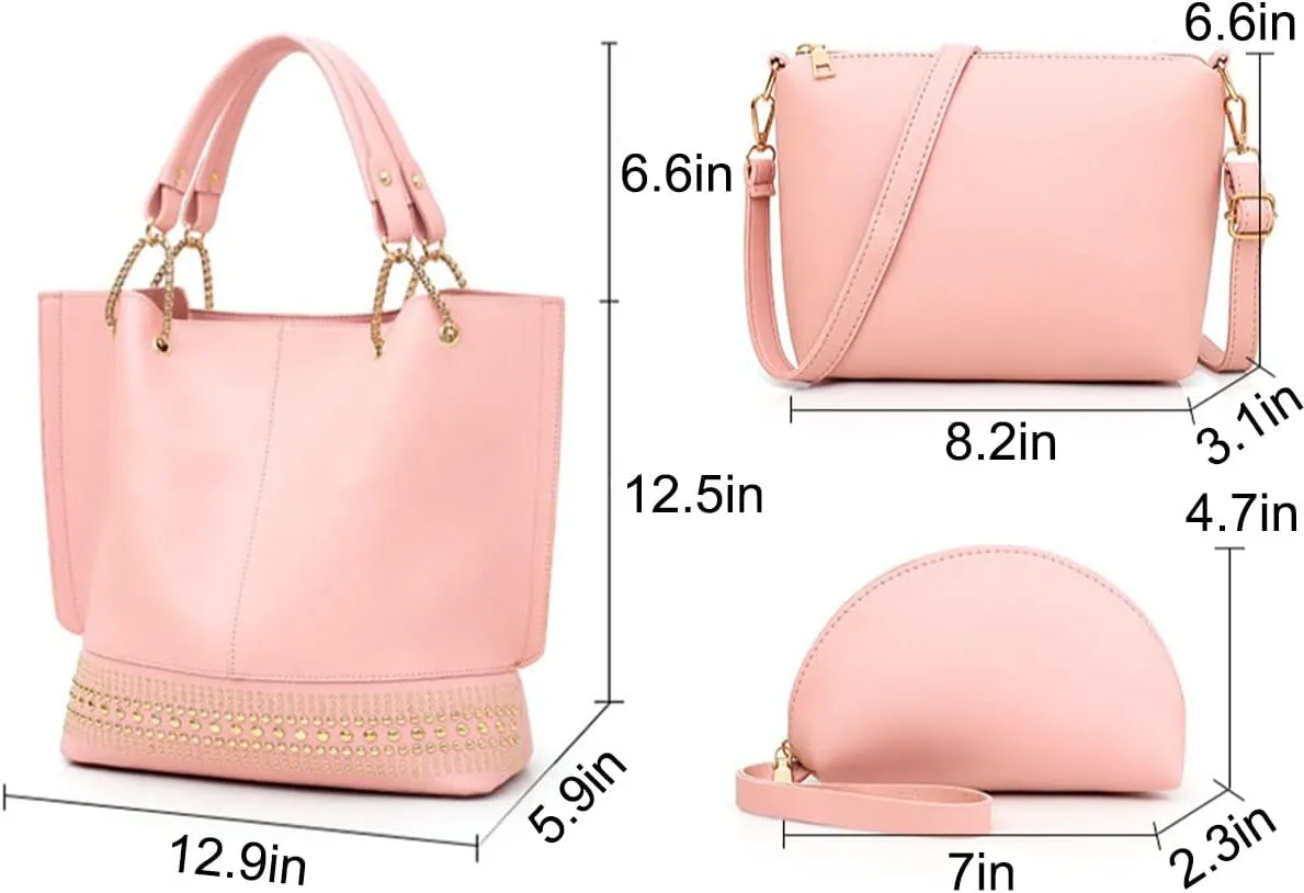 Handbags for Women Fashion Tote Bags Rivet Shoulder Bag Top Handle Satchel Purse Set 3pcs Grey