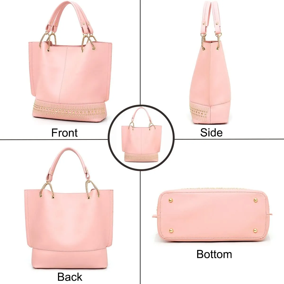 Handbags for Women Fashion Tote Bags Rivet Shoulder Bag Top Handle Satchel Purse Set 3pcs Grey