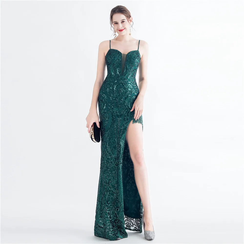 Handmade Beaded Flower Sequined Fishbone Evening Dress