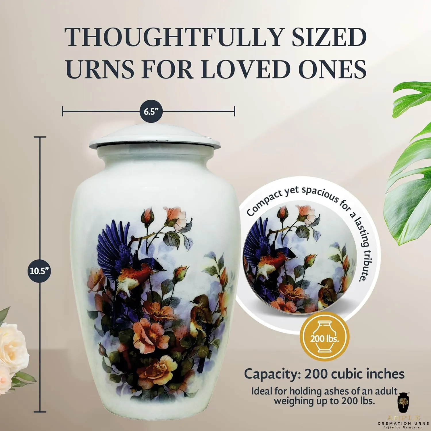 Handmade Cremation Urns Large Adult Urns for Human Ashes Secure Lid & Velvet Bag Decorative Aluminum Urns (Floral Songbird, 6.5 x 6.5 x 10.5 inches I 200 lbs.)