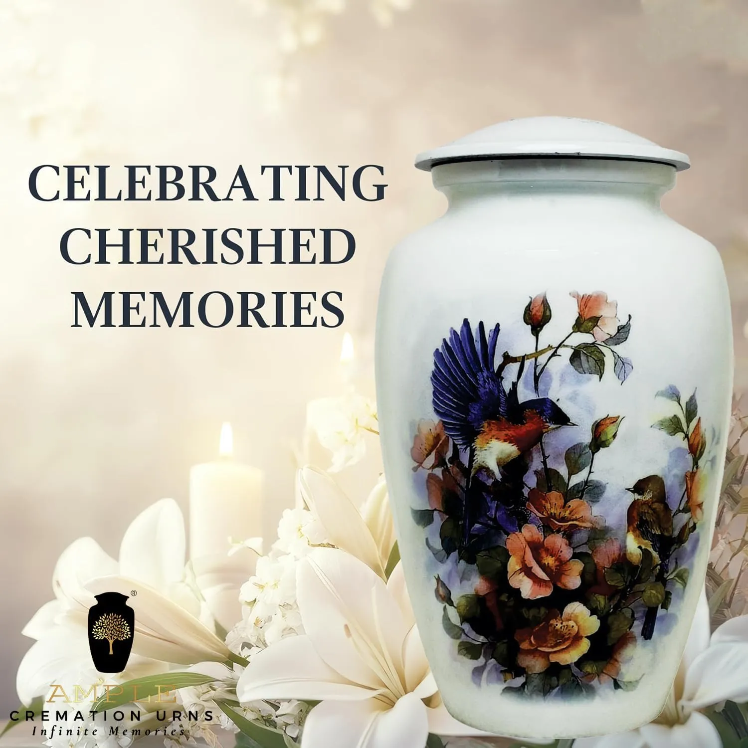 Handmade Cremation Urns Large Adult Urns for Human Ashes Secure Lid & Velvet Bag Decorative Aluminum Urns (Floral Songbird, 6.5 x 6.5 x 10.5 inches I 200 lbs.)