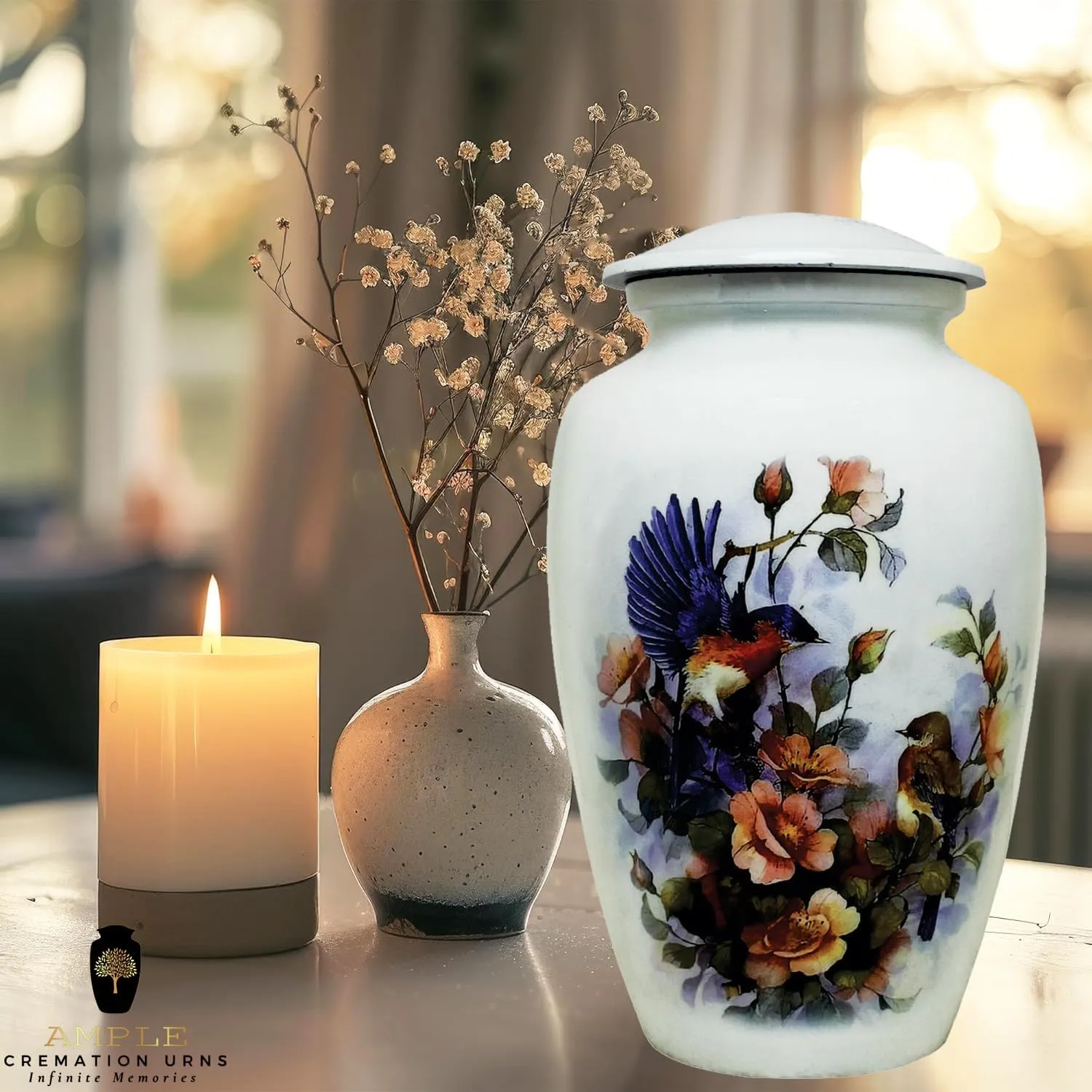 Handmade Cremation Urns Large Adult Urns for Human Ashes Secure Lid & Velvet Bag Decorative Aluminum Urns (Floral Songbird, 6.5 x 6.5 x 10.5 inches I 200 lbs.)