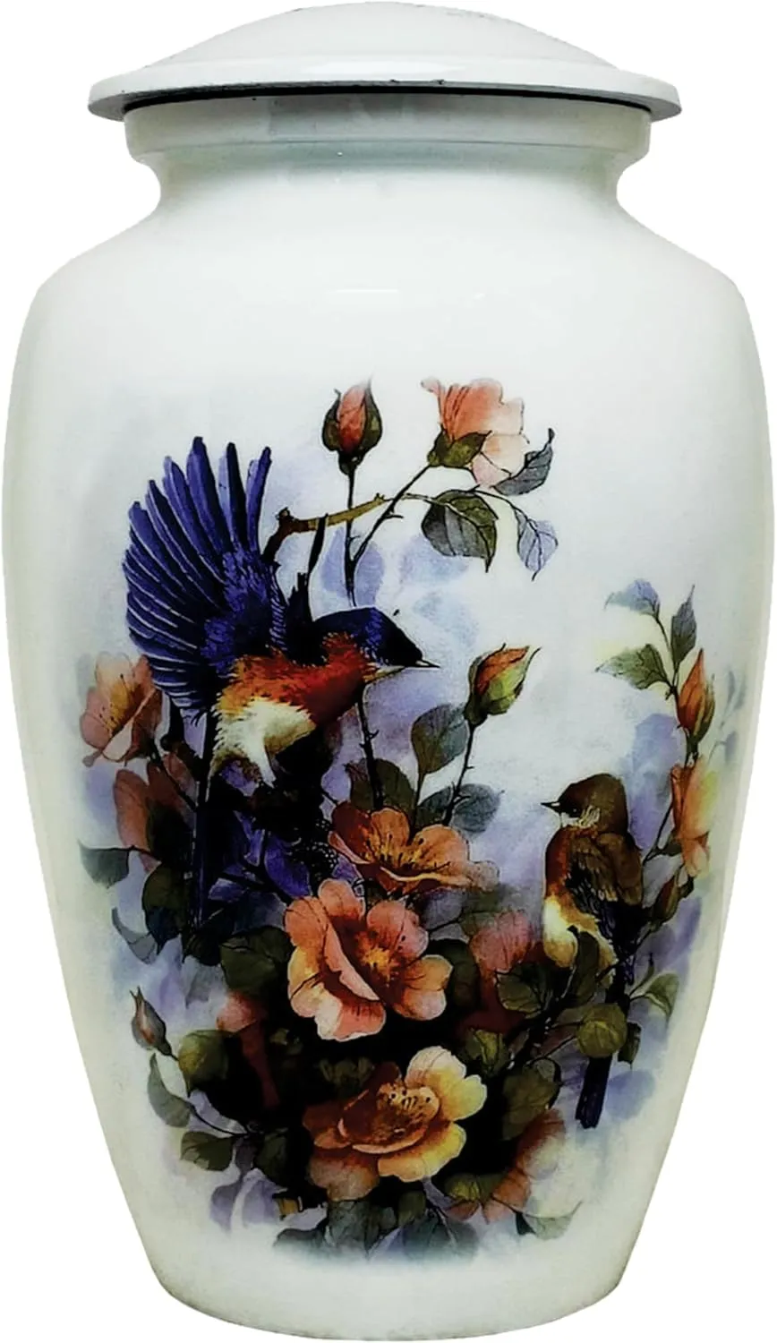 Handmade Cremation Urns Large Adult Urns for Human Ashes Secure Lid & Velvet Bag Decorative Aluminum Urns (Floral Songbird, 6.5 x 6.5 x 10.5 inches I 200 lbs.)