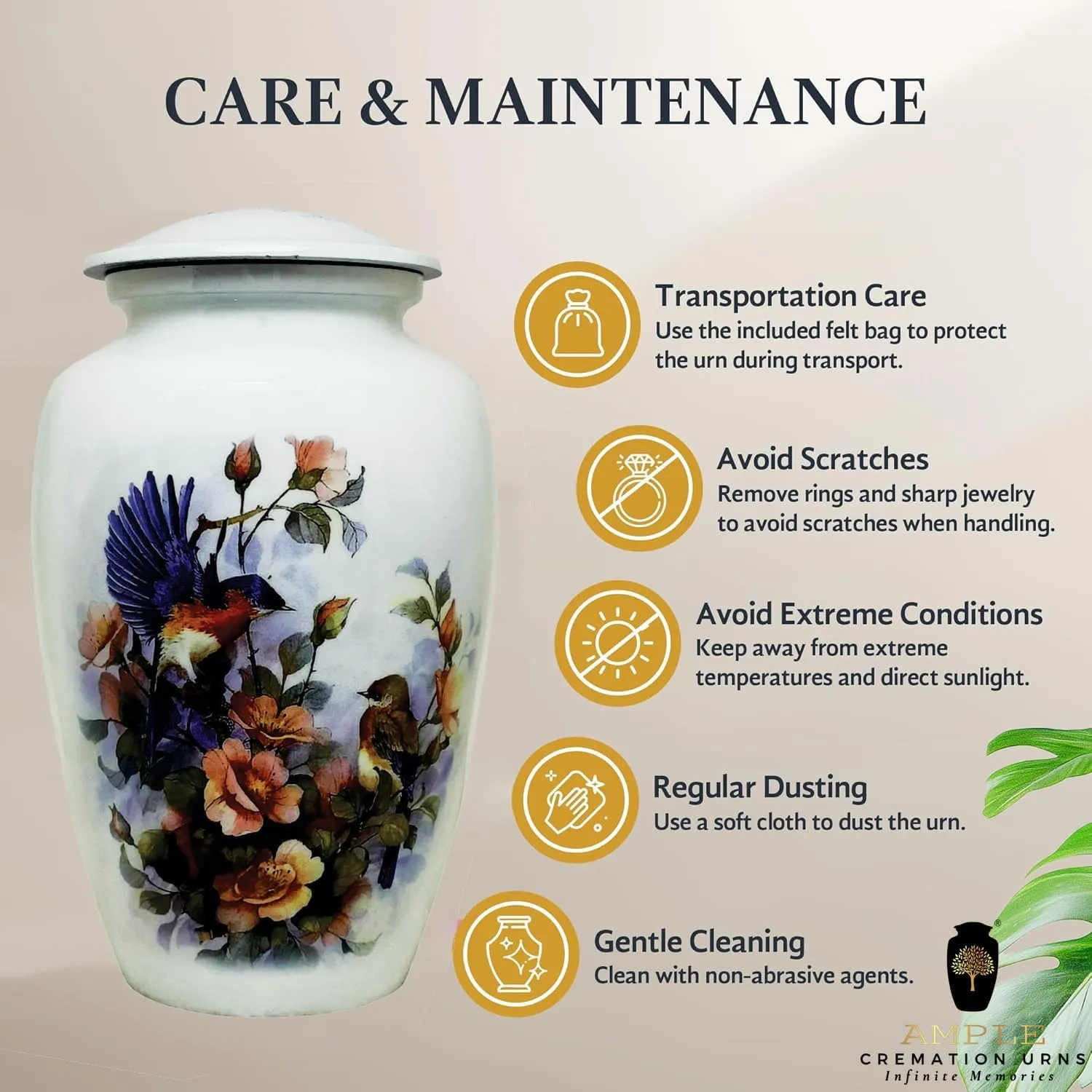 Handmade Cremation Urns Large Adult Urns for Human Ashes Secure Lid & Velvet Bag Decorative Aluminum Urns (Floral Songbird, 6.5 x 6.5 x 10.5 inches I 200 lbs.)