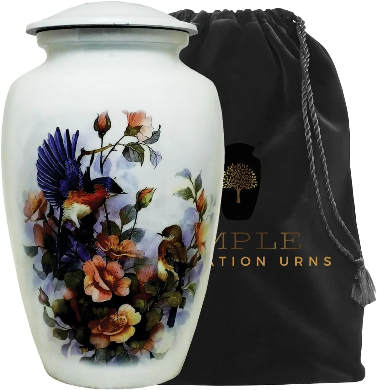 Handmade Cremation Urns Large Adult Urns for Human Ashes Secure Lid & Velvet Bag Decorative Aluminum Urns (Floral Songbird, 6.5 x 6.5 x 10.5 inches I 200 lbs.)