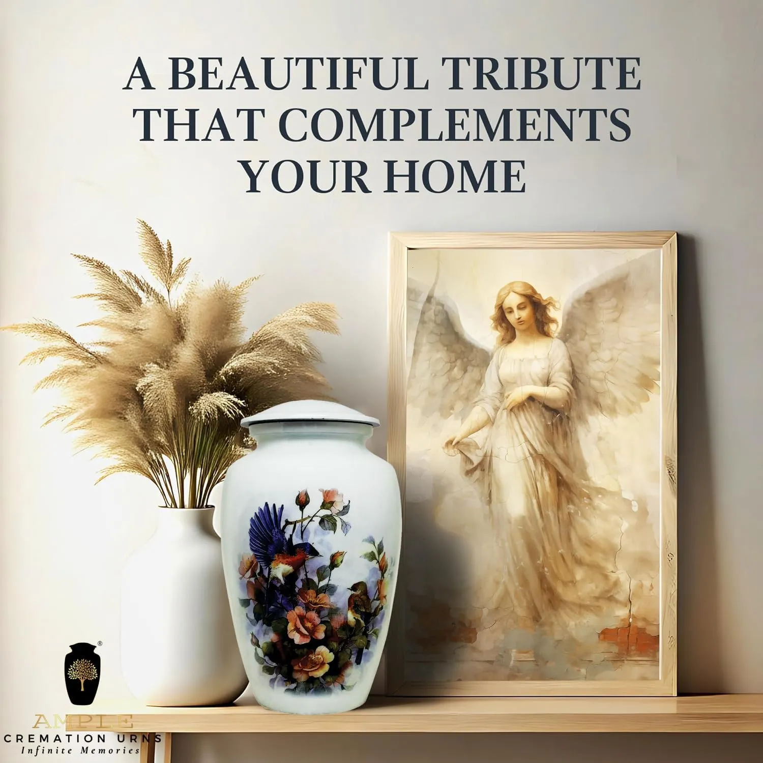 Handmade Cremation Urns Large Adult Urns for Human Ashes Secure Lid & Velvet Bag Decorative Aluminum Urns (Floral Songbird, 6.5 x 6.5 x 10.5 inches I 200 lbs.)
