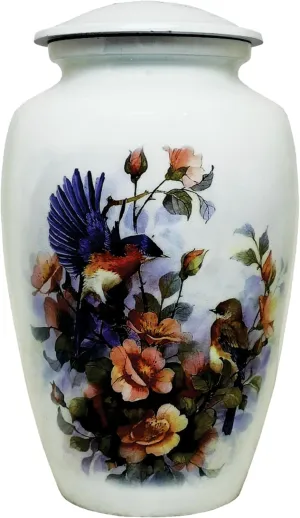 Handmade Cremation Urns Large Adult Urns for Human Ashes Secure Lid & Velvet Bag Decorative Aluminum Urns (Floral Songbird, 6.5 x 6.5 x 10.5 inches I 200 lbs.)