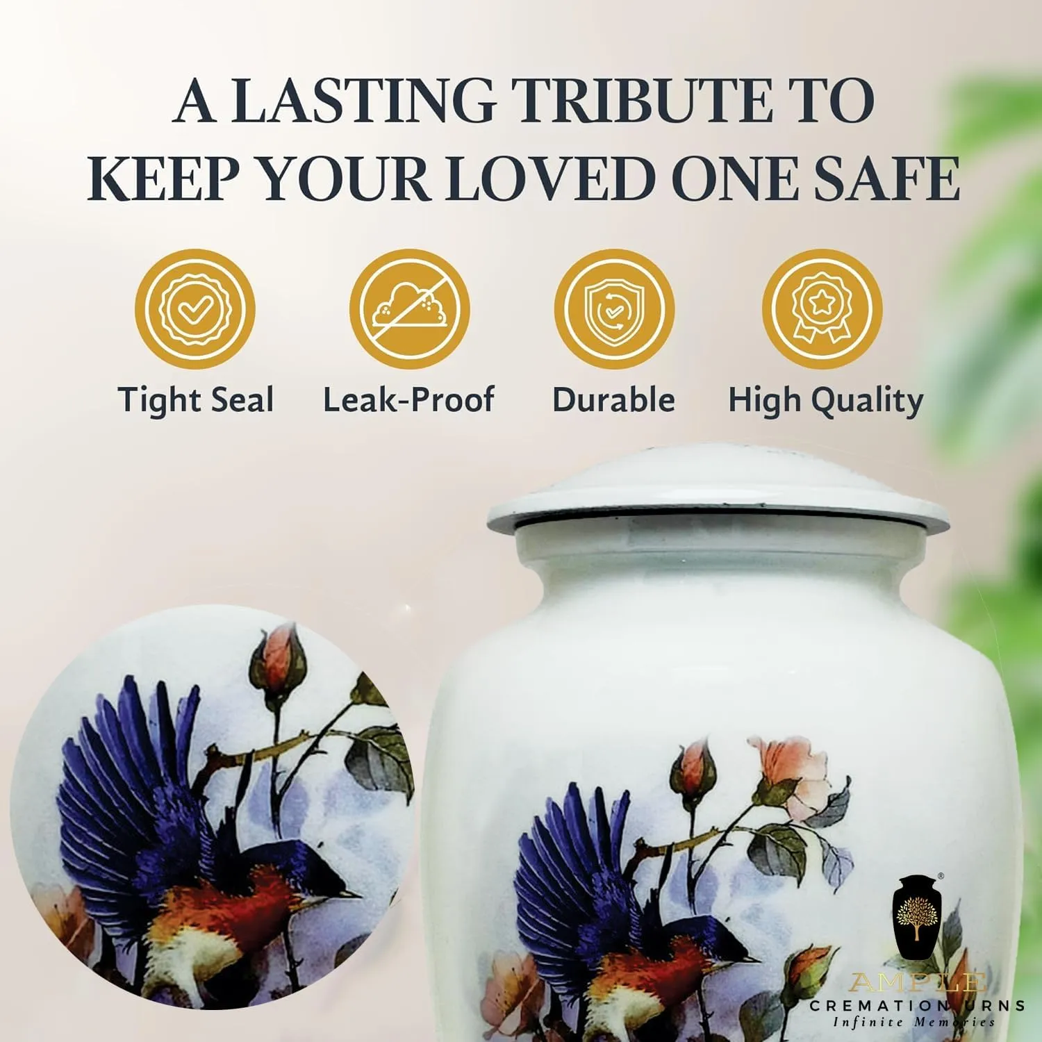 Handmade Cremation Urns Large Adult Urns for Human Ashes Secure Lid & Velvet Bag Decorative Aluminum Urns (Floral Songbird, 6.5 x 6.5 x 10.5 inches I 200 lbs.)
