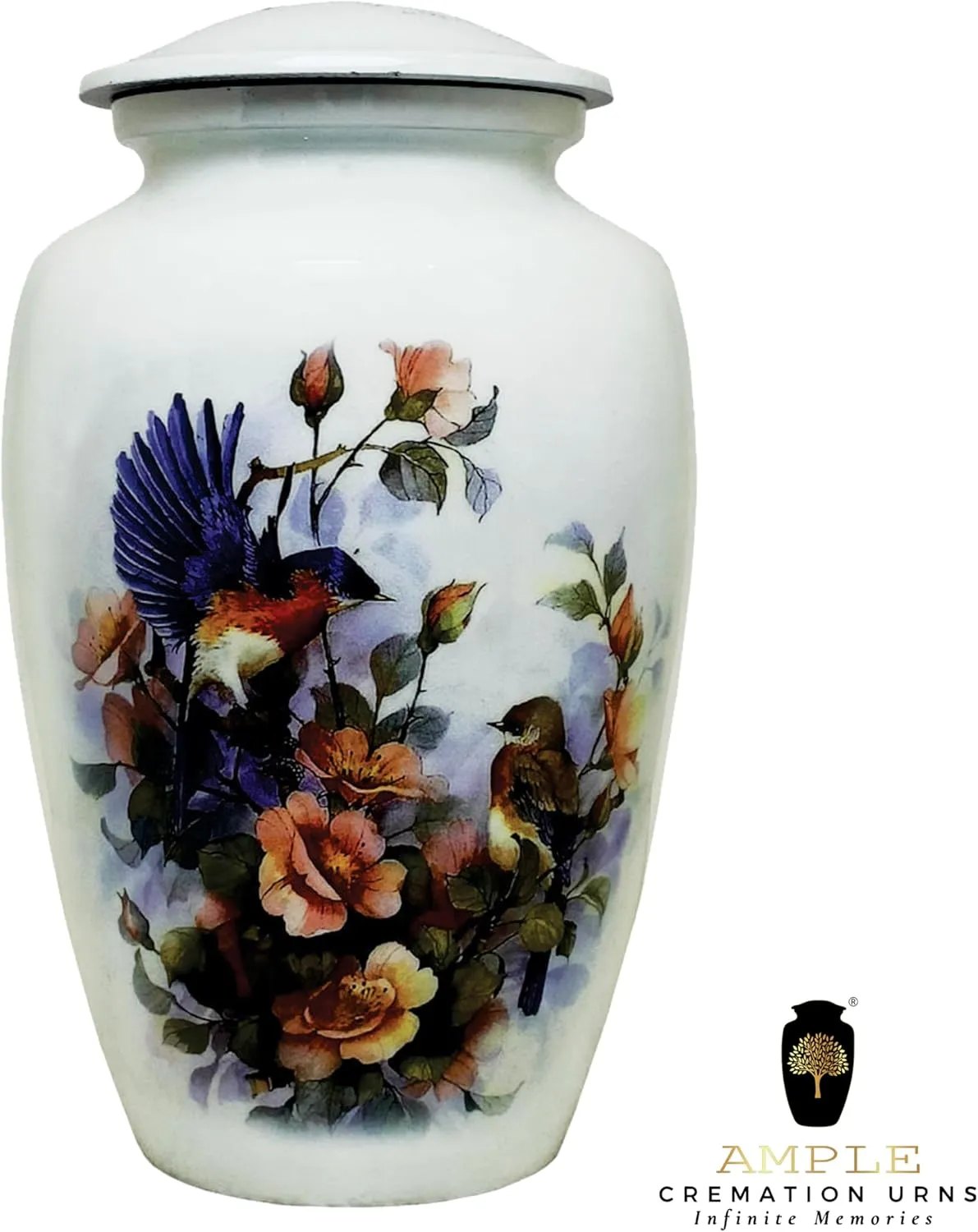 Handmade Cremation Urns Large Adult Urns for Human Ashes Secure Lid & Velvet Bag Decorative Aluminum Urns (Floral Songbird, 6.5 x 6.5 x 10.5 inches I 200 lbs.)