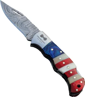 Handmade Pocket Folding Damascus Knife American Flag Handle personalized Birthday Gift Corporate Gifts Holiday Gifts Christmas Gift