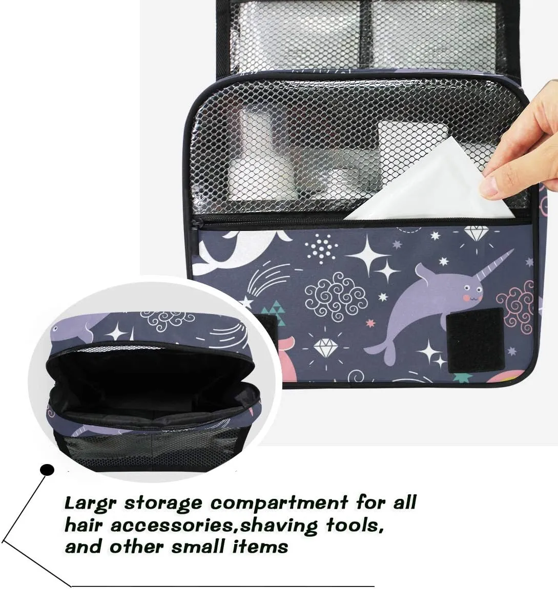 Hanging Toiletry Bag Cute Sea Animal Narwhal Rainbow, Makeup Bag Cosmetic Bag Bathroom Travel Organizer Large for Women Girls