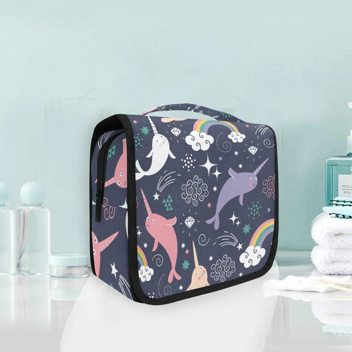 Hanging Toiletry Bag Cute Sea Animal Narwhal Rainbow, Makeup Bag Cosmetic Bag Bathroom Travel Organizer Large for Women Girls
