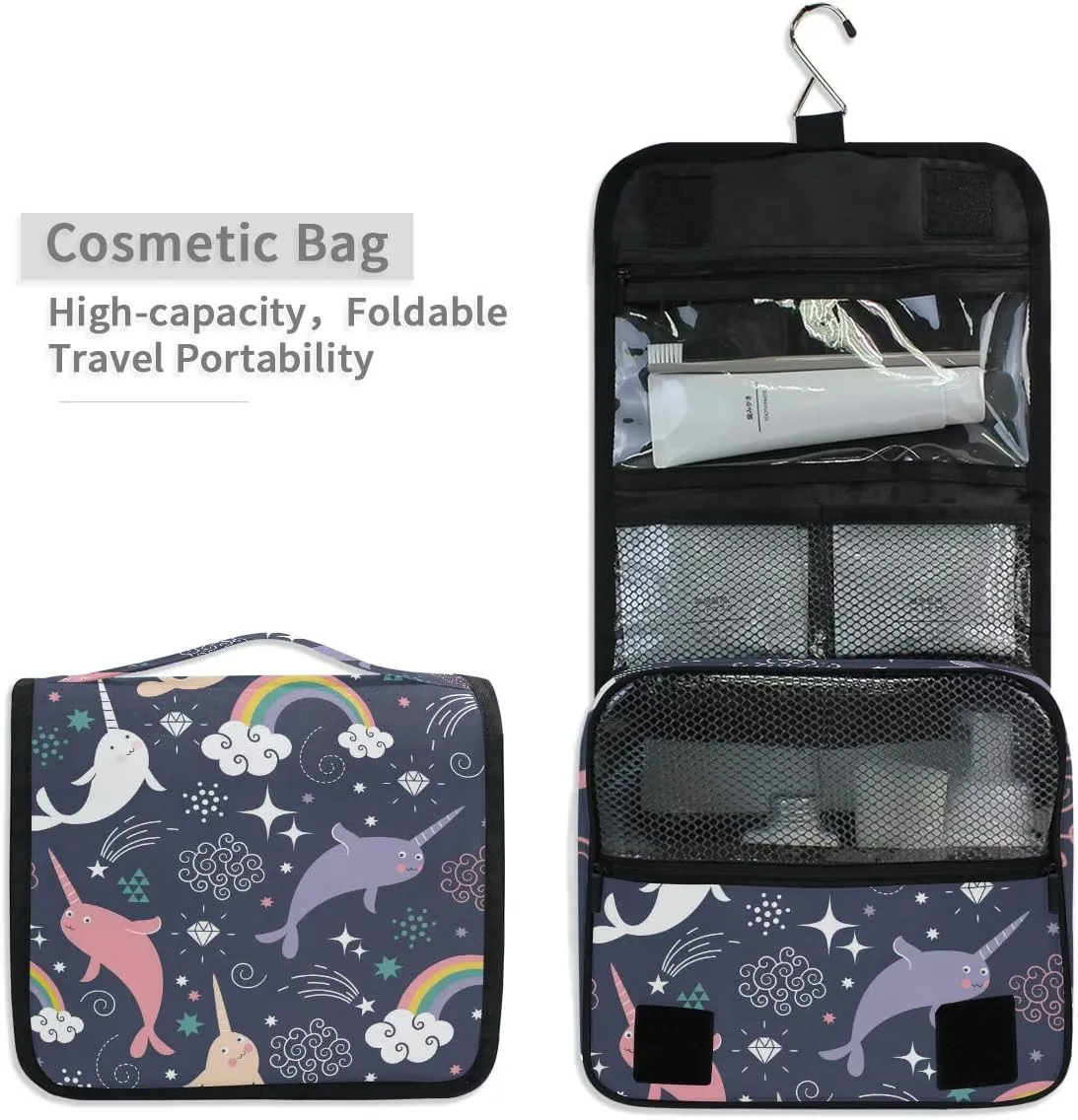 Hanging Toiletry Bag Cute Sea Animal Narwhal Rainbow, Makeup Bag Cosmetic Bag Bathroom Travel Organizer Large for Women Girls