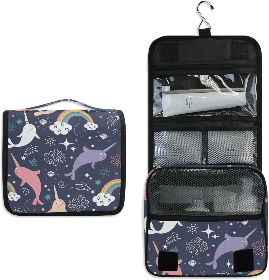 Hanging Toiletry Bag Cute Sea Animal Narwhal Rainbow, Makeup Bag Cosmetic Bag Bathroom Travel Organizer Large for Women Girls