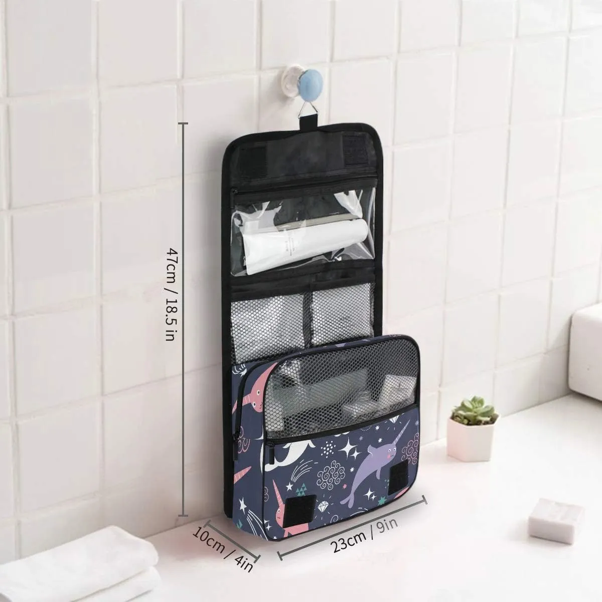 Hanging Toiletry Bag Cute Sea Animal Narwhal Rainbow, Makeup Bag Cosmetic Bag Bathroom Travel Organizer Large for Women Girls
