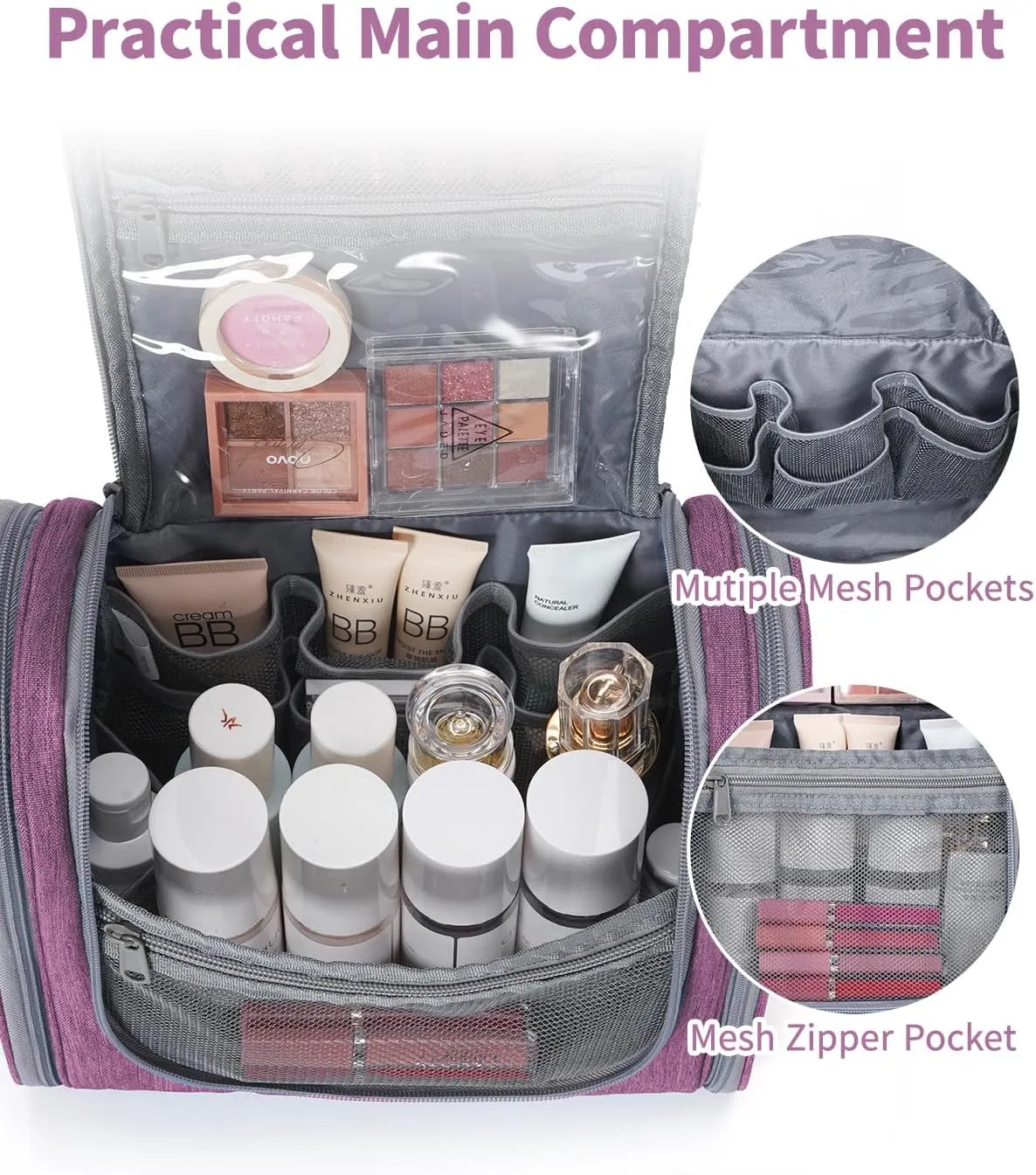 Hanging Toiletry Bag for Women Travel Makeup Bag Organizer Toiletries Bag for Cosmetics Essentials Accessories (Large, Dark Purple)