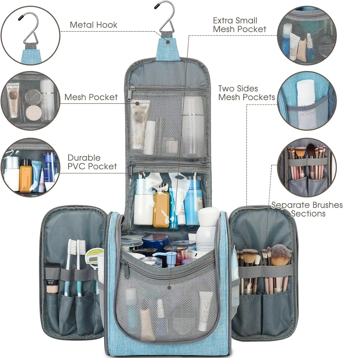 Hanging Toiletry Bag for Women Travel Makeup Bag Organizer Toiletries Bag Men for Cosmetics Essentials Accessories (Large, Sky Blue)