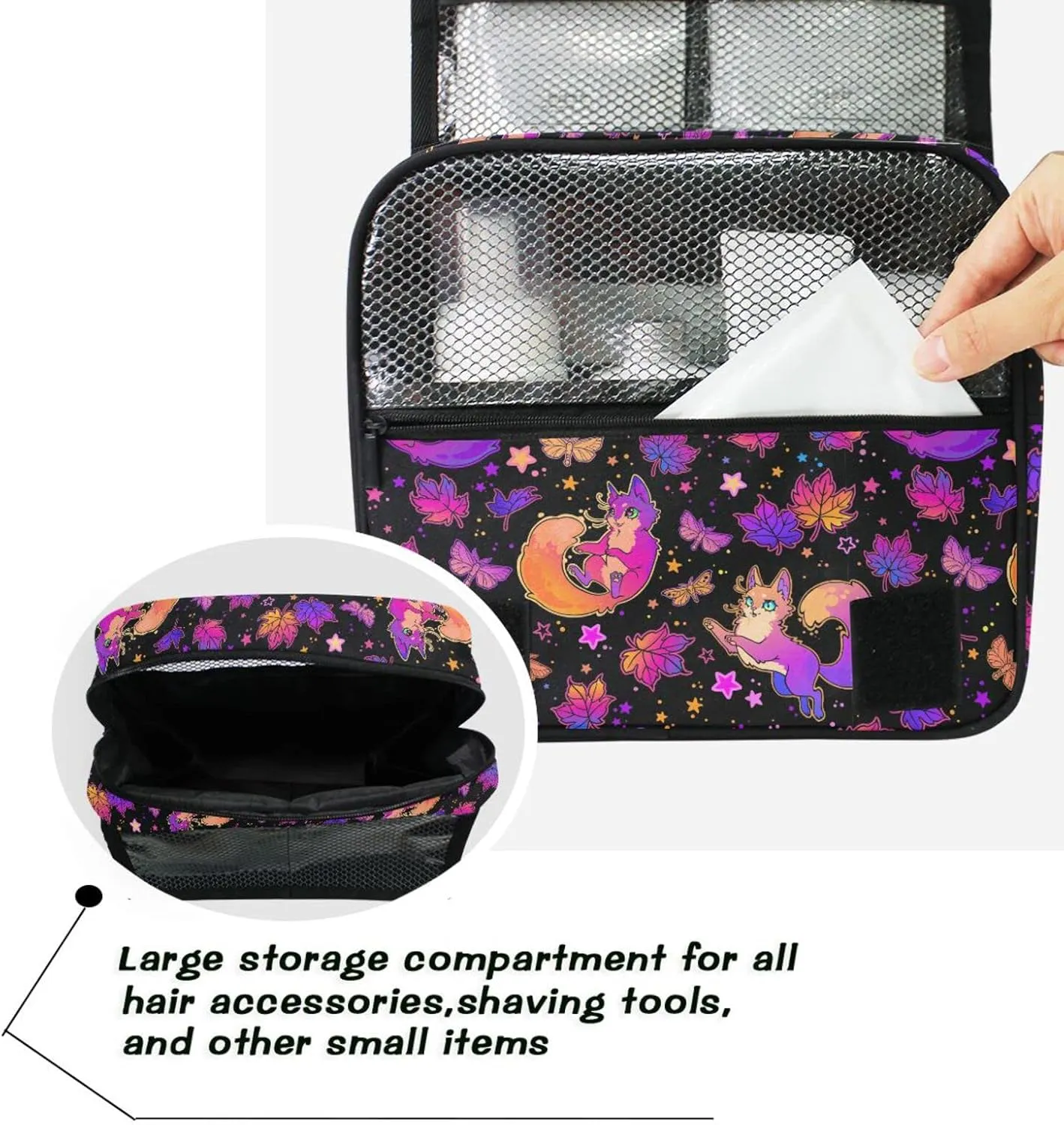 Hanging Toiletry Bag Purple Psychedelic Wind Also Fox Makeup Bag Travel bag for Toiletries Portable Toiletry Organizer Bags Toiletry Bag for Women Men, Travel-Essentials Toiletry Bag