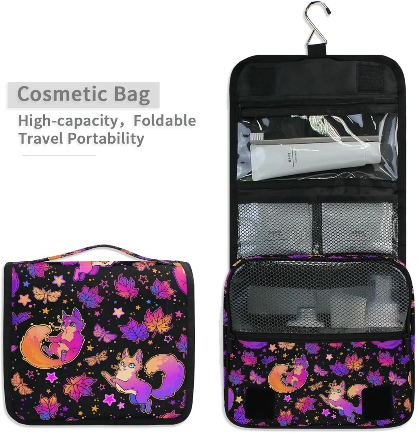 Hanging Toiletry Bag Purple Psychedelic Wind Also Fox Makeup Bag Travel bag for Toiletries Portable Toiletry Organizer Bags Toiletry Bag for Women Men, Travel-Essentials Toiletry Bag