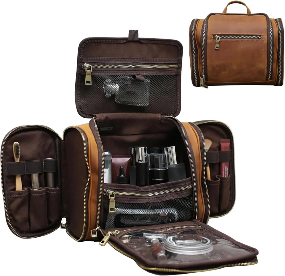 Hanging Toiletry Bag,Personalized Genuine Leather Shaving & Dopp Kit Bag for Men & Women,Travel Organizer for Toiletries,Best Man Gift,Wedding Gifts (Brown)