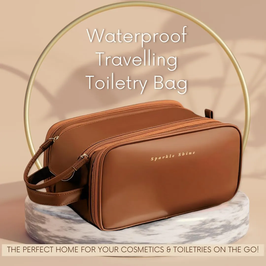 Hanging Travel Makeup Bag Organizer for Women & Men - Waterproof Pouch for Toiletries, Cosmetics, Beauty, Jewelry & Skin Care with Handle (In Brown)