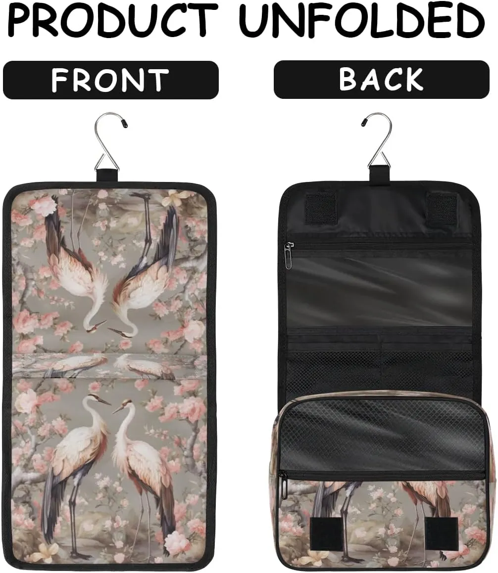Hanging Travel Toiletry Bag Bird Crane Flower Toiletry Bags with Hanging Hook Portable Cosmetic Bag Makeup Organizer for Travel Business Trip